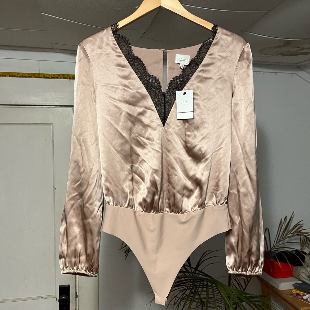 Cami NYC Satin V-Neck Bodysuit with Black Lace Trim in Blush Taupe